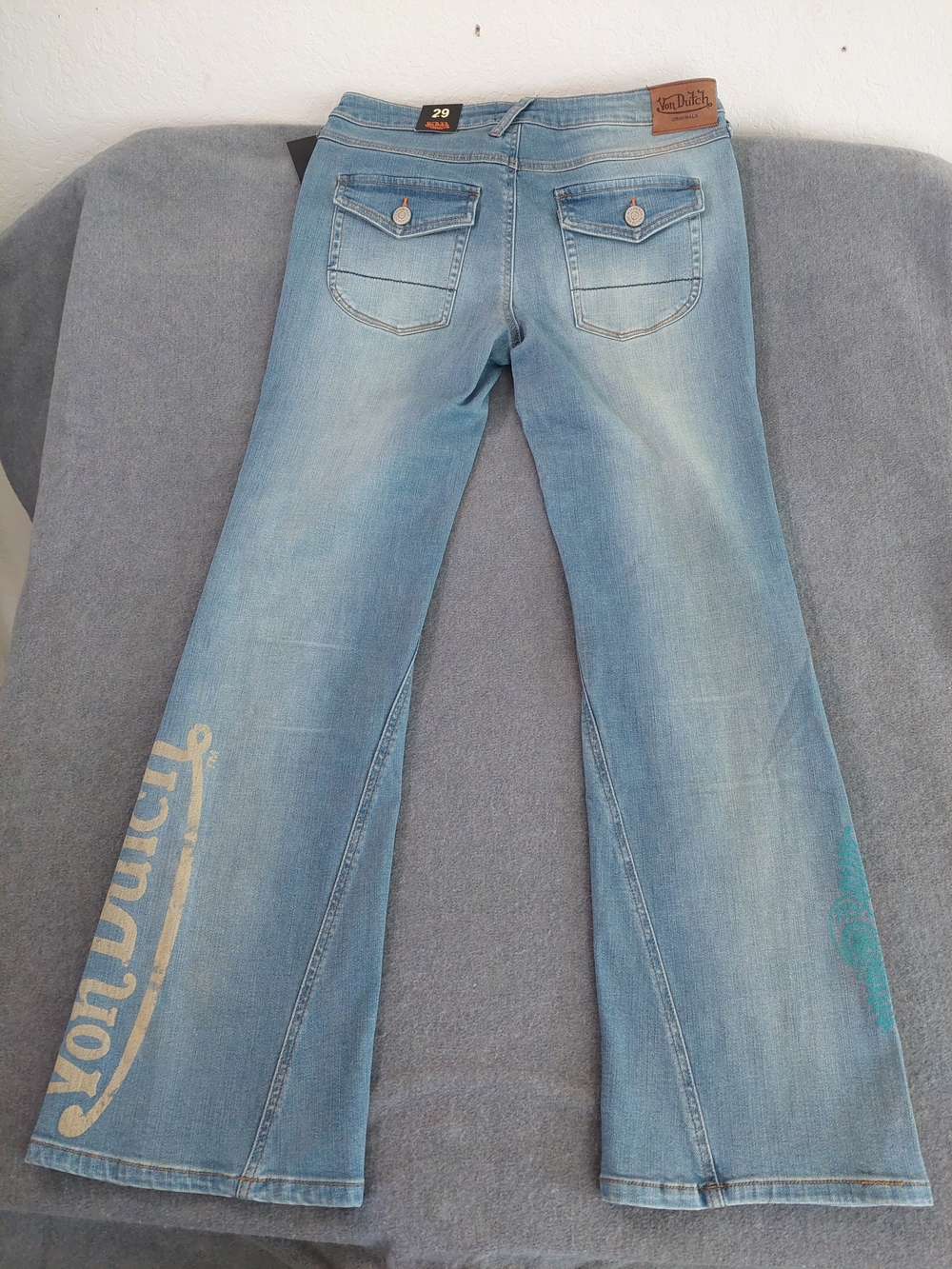 Von Dutch Originals NWT Low Rise Flare Jeans Studded Patch Size 29 Y2K McBling - Picture 11 of 13